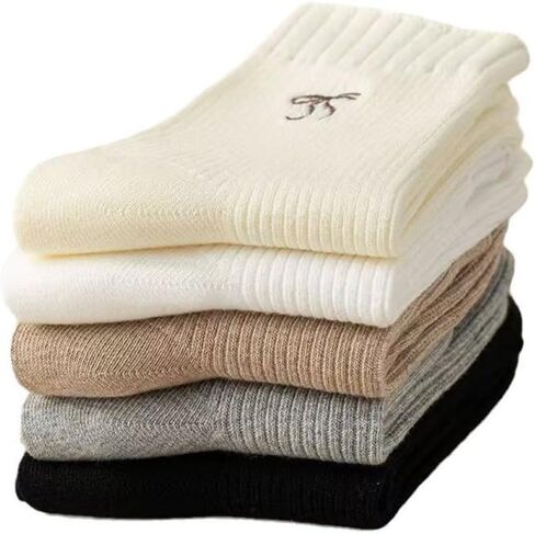 5 Pairs Cute Embroidered Bow Socks Cotton Crew Socks for Women Soft Breathable Casual Socks in Saudi Arabia