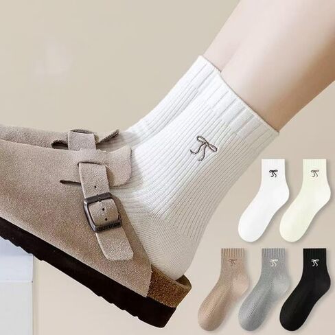 5 Pairs Cute Embroidered Bow Socks Cotton Crew Socks for Women Soft Breathable Casual Socks in Saudi Arabia