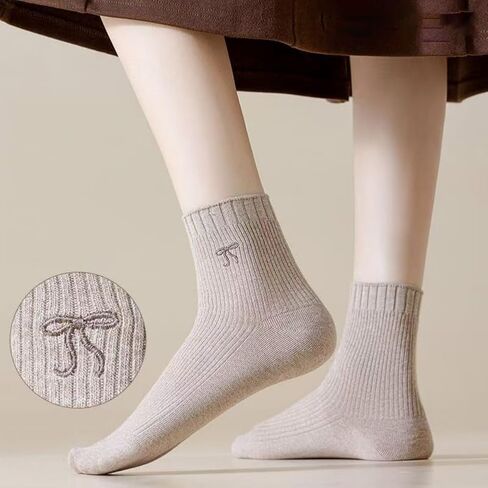 5 Pairs Cute Embroidered Bow Socks Cotton Crew Socks for Women Soft Breathable Casual Socks in Saudi Arabia