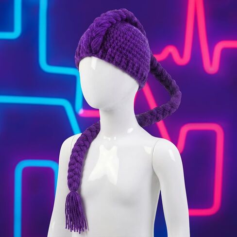 Tellingyou 30 Inch Purple Braided Ponytail Wig Kpop Style, Mini Long Purple Anime Cosplay Wig, XS Cotton Braid Beanie Hat for Halloween Cosplay Props Costume Party in Saudi Arabia