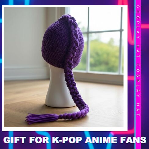 Tellingyou 30 Inch Purple Braided Ponytail Wig Kpop Style, Mini Long Purple Anime Cosplay Wig, XS Cotton Braid Beanie Hat for Halloween Cosplay Props Costume Party in Saudi Arabia