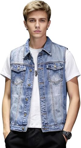 سترة رجالية كاجوال بدون أكمام ومتعددة الجيوب لسائقي الشاحنات من قماش الدنيم in Kuwait