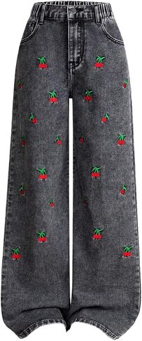 WDIRARA Girl's Cute High Waist Straight Leg Jeans Cherry Print Denim Pants with Pockets in Saudi Arabia