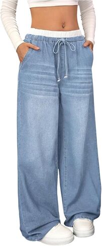 GORGLITTER Girl's Baggy Jeans Wide Leg Low Rise Double Waisted Denim Pants Cute Y2K Boyfriend Skater Trousers Streetwear in Saudi Arabia