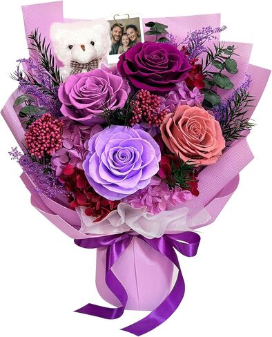 باقة زهور محفوظة مع مشبك صور ودب، آخر 1-3 سنوات، 4 ورود حقيقية، زهور للتسليم، عيد الحب، عيد الأم، الذكرى السنوية، هدايا عيد ميلاد للجدة والأم والزوجة والابنة، أرجواني in Kuwait