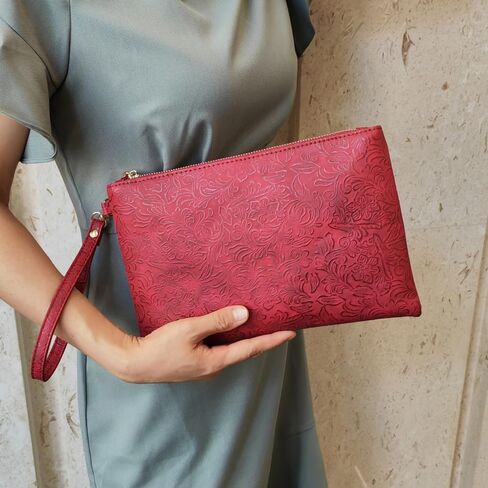 Elegant Floral Embossed Wristlet Clutch Purse Bag PU Leather Medium Size Female Clutches with Wrist Strap in Saudi Arabia