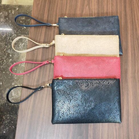 Elegant Floral Embossed Wristlet Clutch Purse Bag PU Leather Medium Size Female Clutches with Wrist Strap in Saudi Arabia