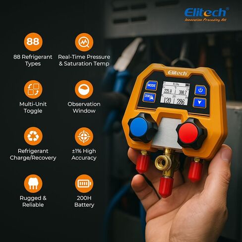 Elitech Mini Split HVAC Pro Tool Kit with Digital Manifold, 5CFM Vacuum Pump & Leak Detector, Includes R410A & R32 Safety Adapters in Saudi Arabia