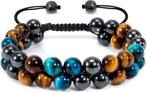 Triple Protection Bracelet - Bracelet for Men and Women Natural Tiger Eye Stone Hematite and Obsidian 8mm Healing Crystal Bracelet Good Luck Prosperity Health in Kuwait