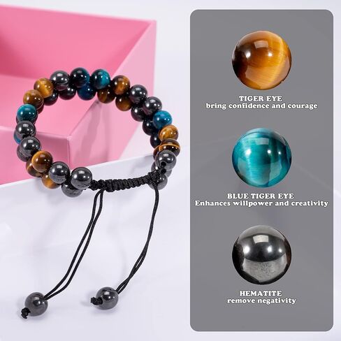 Triple Protection Bracelet - Bracelet for Men and Women Natural Tiger Eye Stone Hematite and Obsidian 8mm Healing Crystal Bracelet Good Luck Prosperity Health in Kuwait