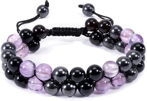 Triple Protection Bracelet - Bracelet for Men and Women Natural Tiger Eye Stone Hematite and Obsidian 8mm Healing Crystal Bracelet Good Luck Prosperity Health in Kuwait