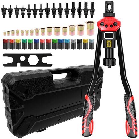 مجموعة صواميل برشام احترافية مقاس 16 بوصة، أداة ريفنوت/جوز للخدمة الشاقة مع مماسك سريعة التغيير، مسدس صامولة برشام مع مؤشر للسكتة الدماغية، أداة إدخال ملولبة مع 15 مغزلًا و170 صامولة، حقيبة حمل in Kuwait