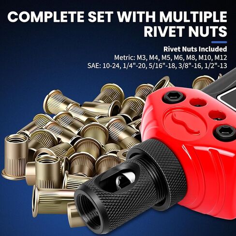 مجموعة صواميل برشام احترافية مقاس 16 بوصة، أداة ريفنوت/جوز للخدمة الشاقة مع مماسك سريعة التغيير، مسدس صامولة برشام مع مؤشر للسكتة الدماغية، أداة إدخال ملولبة مع 15 مغزلًا و170 صامولة، حقيبة حمل in Kuwait