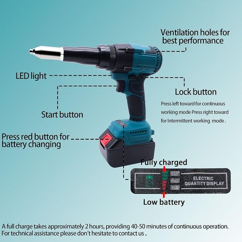 21 V Cordless Rivet Gun with Charger and 2 Batteries, Brushless Motor, Portable Electric Automatic Rivet Gun Kit for 3/32", 1/8", 5/32" Stainless & Aluminum Rivets in Kuwait