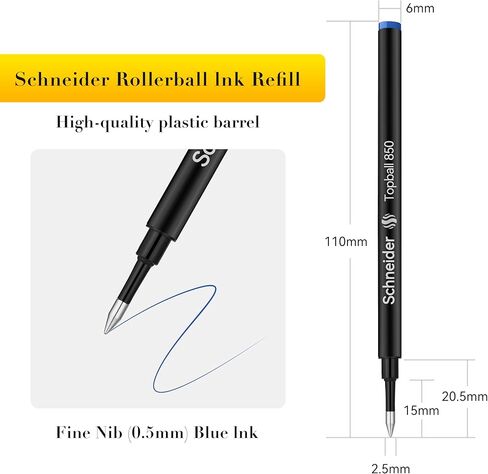 Schneider Rollerball Refill Blue Fine - Smooth Writing Pack of 10 Rollerball Refills Designed for BEILUNER Pens - Safety Non Dry Roller Pen Refill F - Schneider 850 Size - Made in Germany in Kuwait