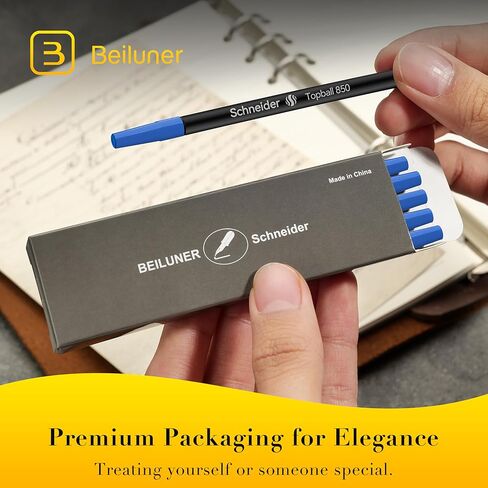 Schneider Rollerball Refill Blue Fine - Smooth Writing Pack of 10 Rollerball Refills Designed for BEILUNER Pens - Safety Non Dry Roller Pen Refill F - Schneider 850 Size - Made in Germany in Kuwait