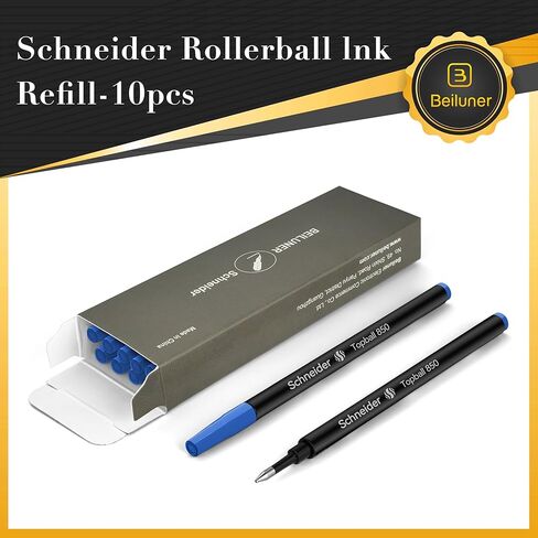 Schneider Rollerball Refill Blue Fine - Smooth Writing Pack of 10 Rollerball Refills Designed for BEILUNER Pens - Safety Non Dry Roller Pen Refill F - Schneider 850 Size - Made in Germany in Kuwait