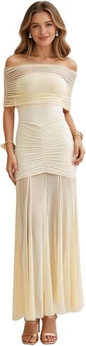 ZGMYC Women's Sexy Sheer Mesh Off Shoulder Maxi Dress Elegant Ruched Flowy Bodycon Long Dress Party Vacation Dresses in Saudi Arabia