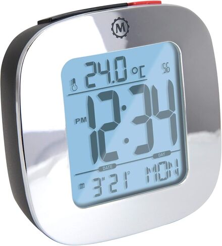 Marathon Compact Alarm Clock with Temperature & Date, Silver - Large, Easy to Read Display with Backlight - Easy to Set Up & Use - Two AAA Batteries Included in Saudi Arabia
