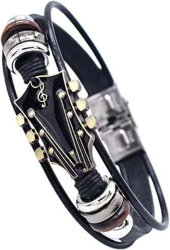 Guitar Bracelets for Men Women Gothic Leather Layered Bracelets Vintage Y2k Musical Note Charm Bracelet Hip Hop Punk Rock Bracelet Christmas Halloween Valentine's Day Birthday Party Holiday Jewelry in Saudi Arabia