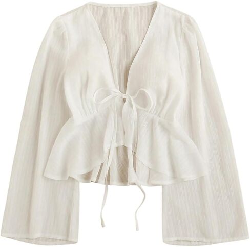 GORGLITTER Women's Tie Front Peplum Tops Blouse Dressy Casual Bow Long Sleeve Deep V Neck Shirts Crop Top Trendy 2025 in Saudi Arabia