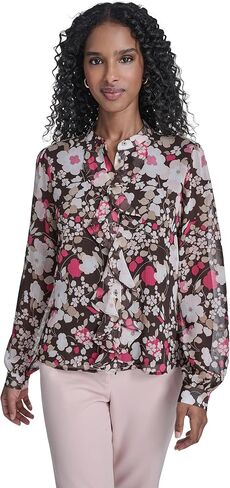 Tommy Hilfiger Women's Long Sleeve Printed Ruffle Front Woven Blouse in Saudi Arabia