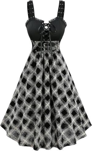 DRESSFO Women's Plaid Lace Up A-Line Tank Dress Knee Length Sleeveless Casual Party Dress in Saudi Arabia