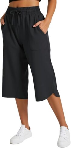 Drawstring Capri Pants for Women Casual Wide Leg Yoga High Waist Capri Pants Pockets Loose Soft Sweatpants in Saudi Arabia