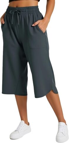 سروال كابري برباط للنساء، كاجوال واسع الساق، يوغا، عالي الخصر، جيوب، بنطال رياضي ناعم وفضفاض in Kuwait