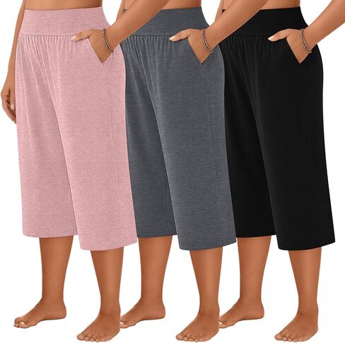 Neer 3 Pack Women's Plus Size Capri Pants, Wide Legs Elastic Waist Capris with Pockets Lounge Loose Sweatpants in Saudi Arabia
