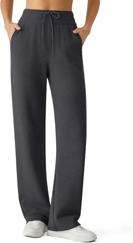 G4Free Women's Waffle Knit Wide Leg Sweatpants – High Waisted with Pockets Casual Straight Leg Pants in Saudi Arabia