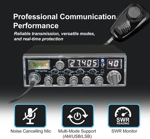 راديو Texas Ranger TRE Top One SSB Compact CB لسائقي الشاحنات | النطاق الجانبي PEP بقدرة 12 وات (USB/LSB) | مقياس SWR مدمج وعداد التردد | جهاز إرسال واستقبال AM/SSB ذو 40 قناة | SRA-198NC ميكروفون عازل للضوضاء in Kuwait