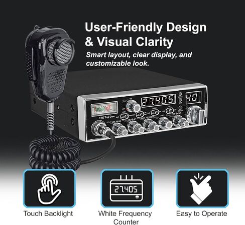 راديو Texas Ranger TRE Top One SSB Compact CB لسائقي الشاحنات | النطاق الجانبي PEP بقدرة 12 وات (USB/LSB) | مقياس SWR مدمج وعداد التردد | جهاز إرسال واستقبال AM/SSB ذو 40 قناة | SRA-198NC ميكروفون عازل للضوضاء in Kuwait