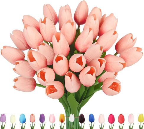 30pcs Artificial Tulips Flowers Fake Latex Tulip Stems - Real Touch Faux Coral Tulips Flower for Easter Spring Wedding Bouquet Centerpiece Floral Arrangement Home Cemetery Table Decor in Kuwait