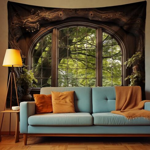 QGHOT نسيج نافذة الغابات، طبيعة في الهواء الطلق نسيج الجدار شنقا مشهد الغابات جدارية كبيرة لغرفة النوم غرفة المعيشة مكتب ديكور 78.7 "L × 104" W in Kuwait