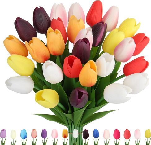 30pcs Artificial Tulips Flowers Fake Latex Tulip Stems - Real Touch Faux Coral Tulips Flower for Easter Spring Wedding Bouquet Centerpiece Floral Arrangement Home Cemetery Table Decor in Kuwait