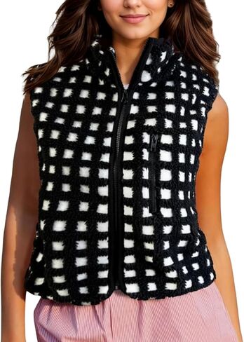 Cocoinsity Womens Fuzzy Fleece Vest with Side Pockets Checkered Sleeveless Zip Up Sherpa Vests Jacket Lightweight Sweater in Saudi Arabia