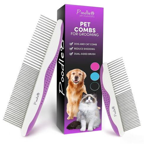 Poodle Pet Dog Combs for Grooming | 2 Pack | Stainless Steel Teeth Easily Remove Dirt | Proper Care Prevents Knots and Mats for Long and Short Haired Pets |Anti-Slip Comfort Grip Handle| Purple in Kuwait