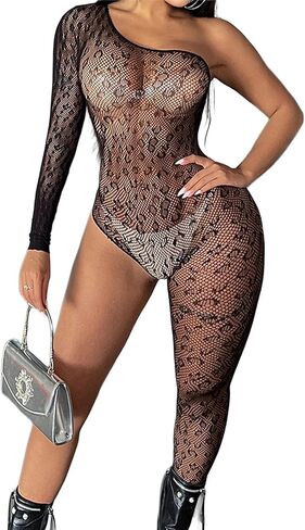 Womens Leopard Fishnet Bodystocking Sexy Lingerie Full Bodysuit Jumpsuit Rave Party Outfits Clubwear One Shoulder in Saudi Arabia
