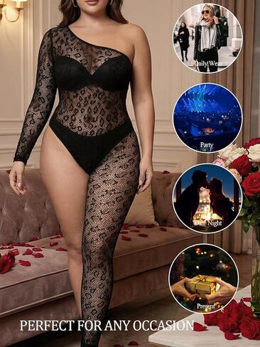 Womens Leopard Fishnet Bodystocking Sexy Lingerie Full Bodysuit Jumpsuit Rave Party Outfits Clubwear One Shoulder in Saudi Arabia