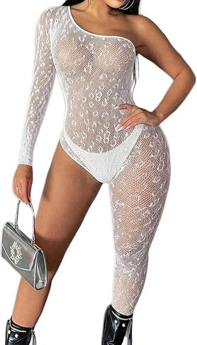 Womens Leopard Fishnet Bodystocking Sexy Lingerie Full Bodysuit Jumpsuit Rave Party Outfits Clubwear One Shoulder in Saudi Arabia