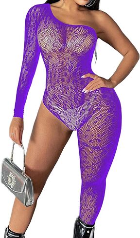 Womens Leopard Fishnet Bodystocking Sexy Lingerie Full Bodysuit Jumpsuit Rave Party Outfits Clubwear One Shoulder in Saudi Arabia