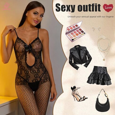 Sexy Fishnet Bodysuit, Black Seamless One Size Teddy, 95% Soft Nylon Ultra-High Stretch Lingerie for Women (Style-Black005) in Saudi Arabia