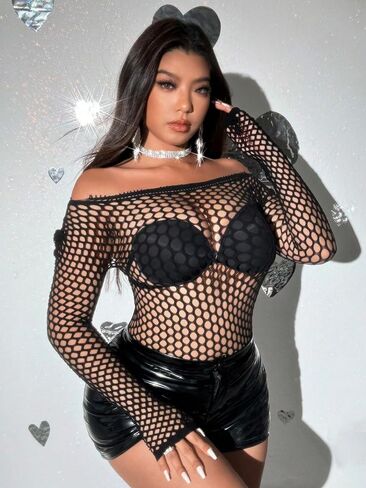 Women's Club Night Out Outfits for Women Sexy Lingerie Mesh Fishnet Bodysuit Long Sleeve Festival Top Teddy Party Outfit in Saudi Arabia