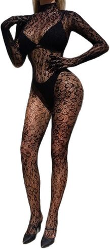 Women's Fishnet Bodysuit Lace Leopard Fishnet Lingerie Mesh Jumpsuit Sheer Body Stocking One Piece For Valentine's Day Party in Saudi Arabia