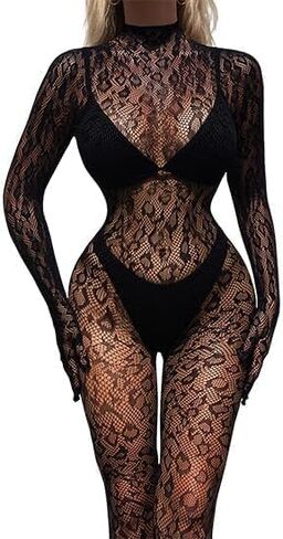 Women's Fishnet Bodysuit Lace Leopard Fishnet Lingerie Mesh Jumpsuit Sheer Body Stocking One Piece For Valentine's Day Party in Saudi Arabia
