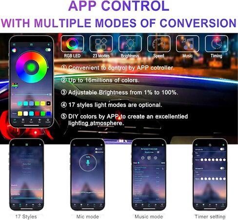 شريط إضاءة LED داخلي للسيارة من الأكريليك مع مفتاح تنشيط الحركة، إضاءة نيون محيطة مقاس 55.1 بوصة، ألوان RGB، التحكم في التطبيق/اللمس، مزامنة الموسيقى in Kuwait