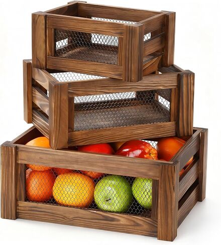 Kathfly Set of 3 Rustic Nesting Crates, Wooden Organizer Boxes Basket, Small Decorative Wood Wire Containers with Handle for Countertop, Fruit, Veggies, Kitchen, Bathroom, Pantry Storage in Saudi Arabia