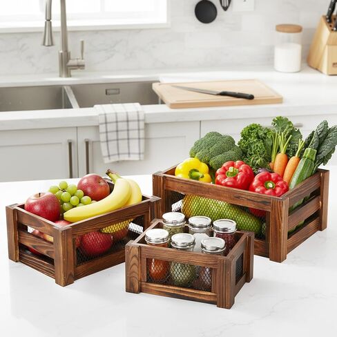 Kathfly Set of 3 Rustic Nesting Crates, Wooden Organizer Boxes Basket, Small Decorative Wood Wire Containers with Handle for Countertop, Fruit, Veggies, Kitchen, Bathroom, Pantry Storage in Saudi Arabia