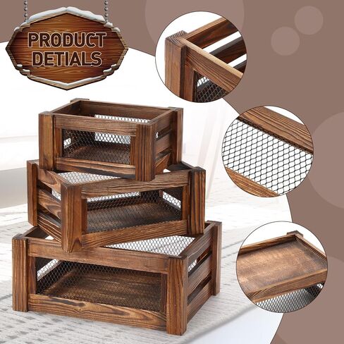 Kathfly Set of 3 Rustic Nesting Crates, Wooden Organizer Boxes Basket, Small Decorative Wood Wire Containers with Handle for Countertop, Fruit, Veggies, Kitchen, Bathroom, Pantry Storage in Saudi Arabia
